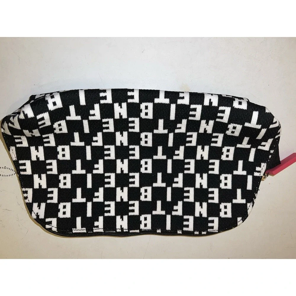 Benefit Cosmetics Black White Knit Monogram Cosmetic Bag Wide Opening